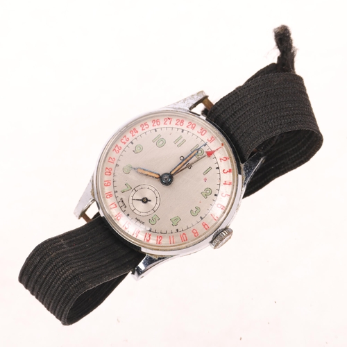 1046 - ORIS - a Vintage chrome plated mechanical calendar wristwatch, circa 1950s, silvered dial with lumin... 