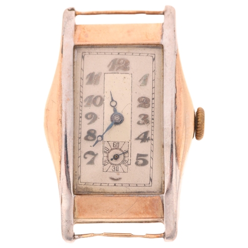 1047 - An Art Deco 9ct two-colour gold mechanical wristwatch head, circa 1930s, rectangular silvered dial w... 