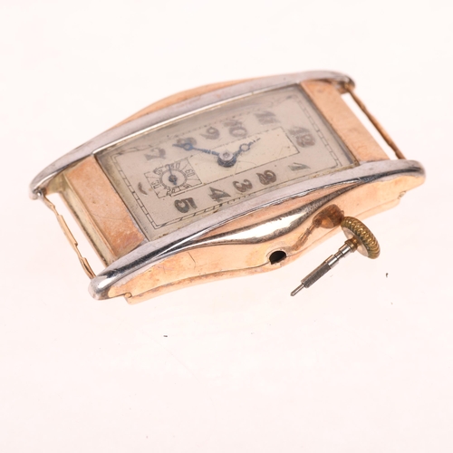 1047 - An Art Deco 9ct two-colour gold mechanical wristwatch head, circa 1930s, rectangular silvered dial w... 