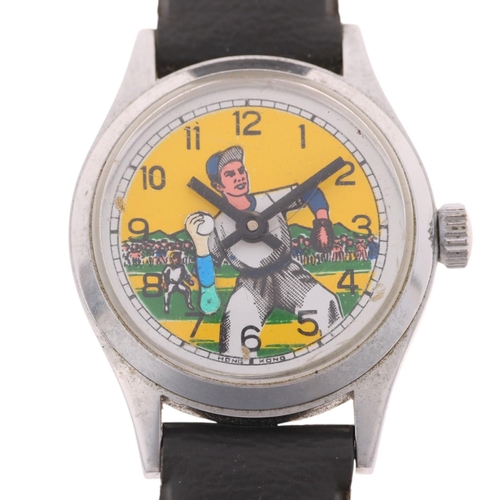 1049 - A Vintage stainless steel novelty 'Baseball' mechanical wristwatch, circa 1960s, printed baseball sc... 