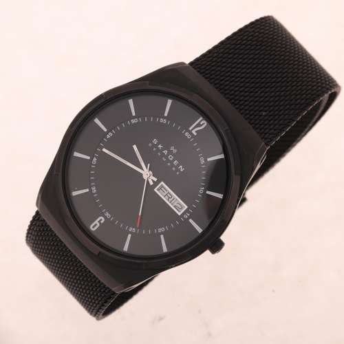 1053 - SKAGEN - a Melbye titanium and midnight steel quartz day/date bracelet watch, ref. SKW6006, black di... 