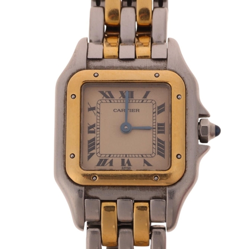 1055 - CARTIER - a lady's bi-metal Panthere quartz bracelet watch, ref. 166921, cream dial with black Roman... 