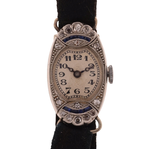 1061 - A lady's Art Deco platinum sapphire and diamond mechanical cocktail wristwatch, circa 1930s, silvere... 