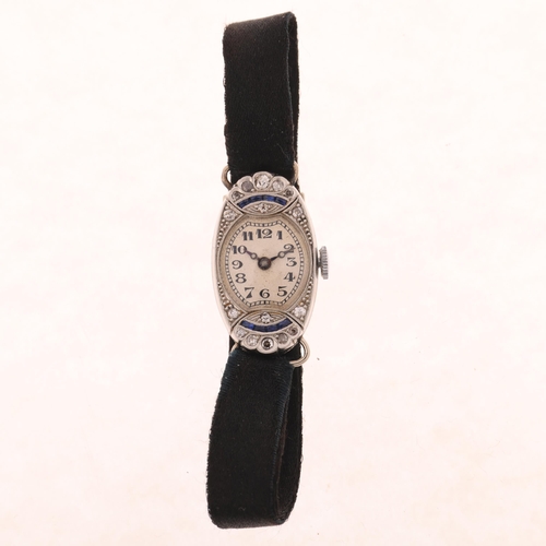 1061 - A lady's Art Deco platinum sapphire and diamond mechanical cocktail wristwatch, circa 1930s, silvere... 