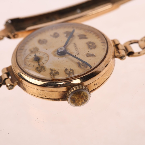 1063 - MARVIN - a lady's Vintage 9ct gold mechanical bracelet watch, circa 1960s, silvered dial with applie... 