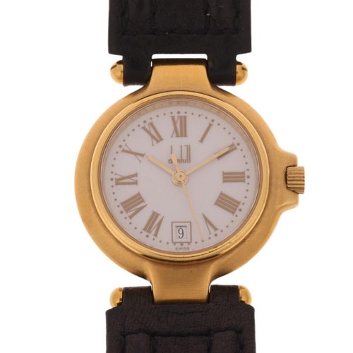 1067 - DUNHILL - a lady's gold plated stainless steel P12 quartz calendar wristwatch, white dial with gilt ... 