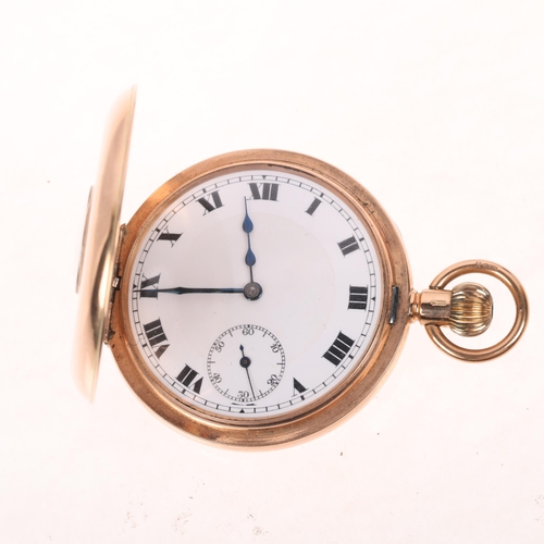 1074 - An early 20th century 9ct rose gold half hunter keyless pocket watch, by Fleurier Watch Co, white en... 