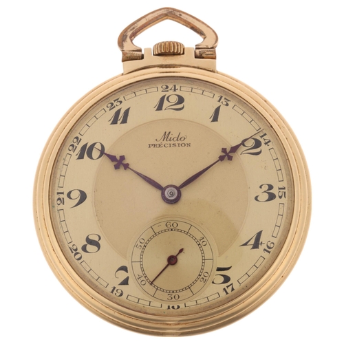 1075 - MIDO - an Art Deco 14ct gold precision slimline open-face keyless pocket watch, circa 1930s, champag... 