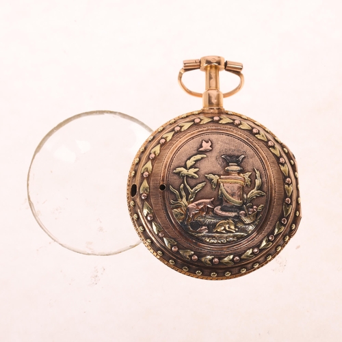 1076 - A late 18th century French 18ct three-colour gold verge pocket watch, circa 1790, white enamel dial ... 