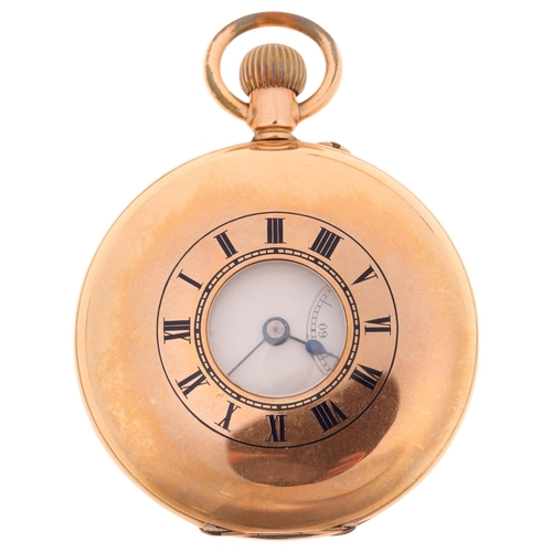 1077 - An Antique 14ct gold half hunter keyless pocket watch, white enamel dial with Roman numeral hour mar... 