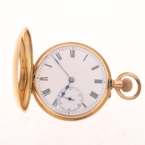 1077 - An Antique 14ct gold half hunter keyless pocket watch, white enamel dial with Roman numeral hour mar... 