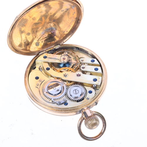 1077 - An Antique 14ct gold half hunter keyless pocket watch, white enamel dial with Roman numeral hour mar... 