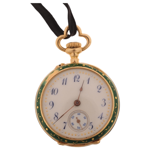 1078 - An Art Nouveau Continental 18ct gold enamel and diamond open-face keyless fob watch, circa 1900, whi... 