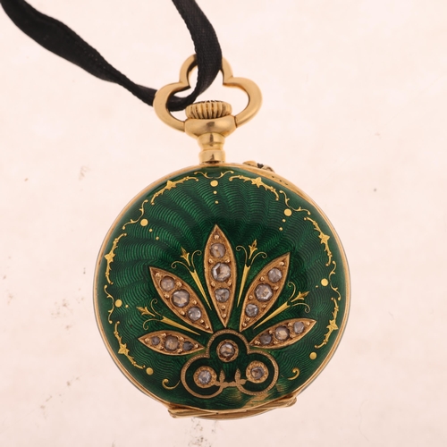 1078 - An Art Nouveau Continental 18ct gold enamel and diamond open-face keyless fob watch, circa 1900, whi... 