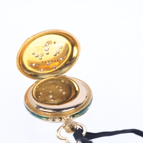 1078 - An Art Nouveau Continental 18ct gold enamel and diamond open-face keyless fob watch, circa 1900, whi... 