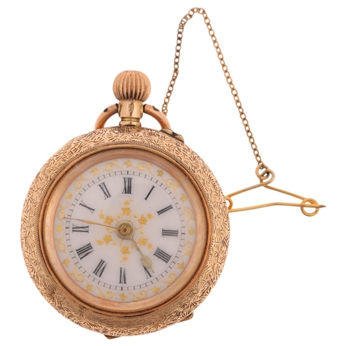 1079 - An Antique 14ct gold open-face keyless fob watch, white enamel dial with Roman numeral hour markers,... 