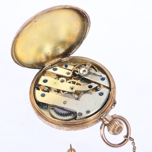 1079 - An Antique 14ct gold open-face keyless fob watch, white enamel dial with Roman numeral hour markers,... 