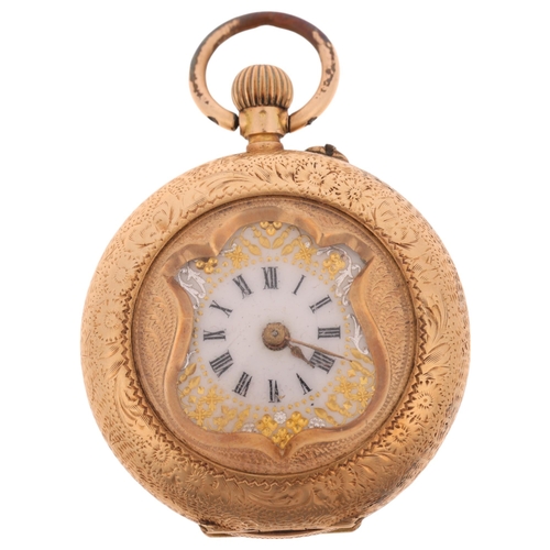 1080 - An Antique 14ct gold open-face keyless fob watch, white enamel dial with Roman numeral hour markers,... 