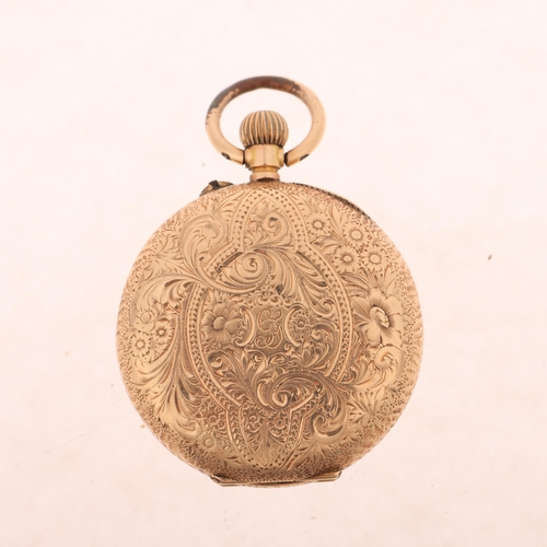 1080 - An Antique 14ct gold open-face keyless fob watch, white enamel dial with Roman numeral hour markers,... 