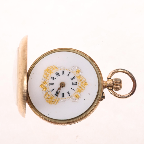 1080 - An Antique 14ct gold open-face keyless fob watch, white enamel dial with Roman numeral hour markers,... 