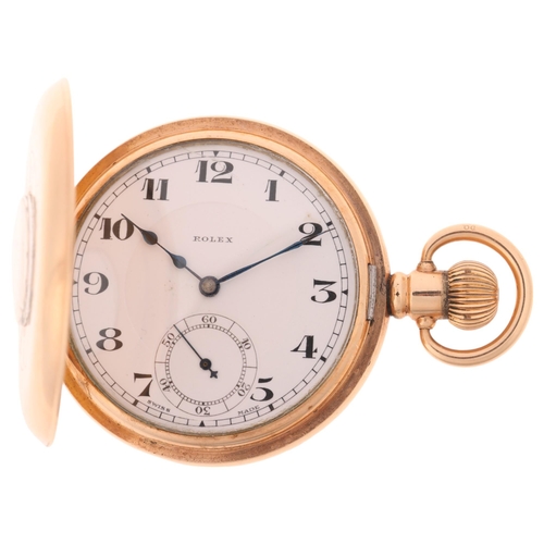 1081 - ROLEX - an early 20th century gold plated half hunter keyless pocket watch, white enamel dial with b... 