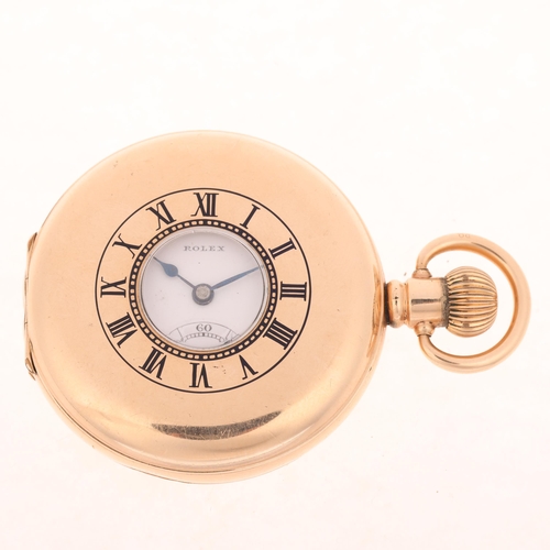 1081 - ROLEX - an early 20th century gold plated half hunter keyless pocket watch, white enamel dial with b... 