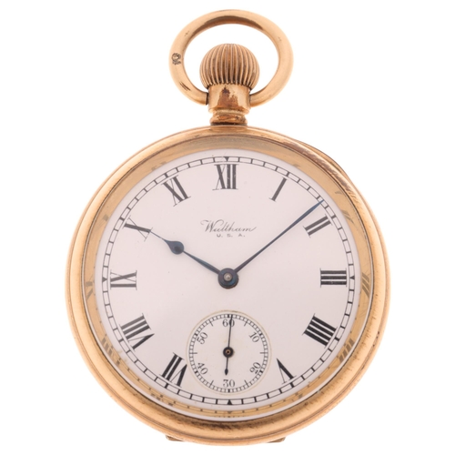 1082 - WALTHAM - a gold plated open-face keyless pocket watch, white enamel dial with Roman hour markers, b... 