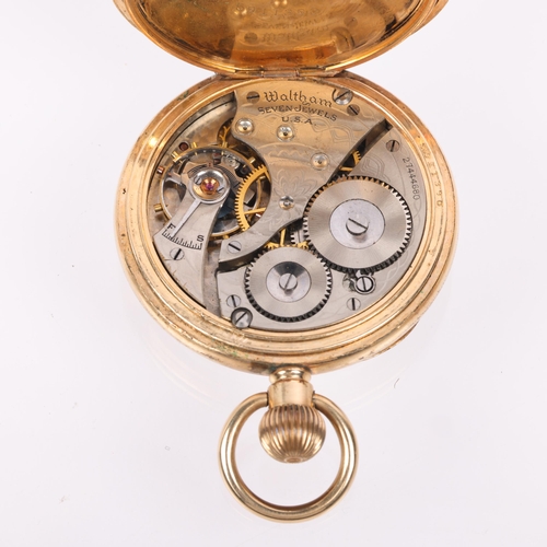 1082 - WALTHAM - a gold plated open-face keyless pocket watch, white enamel dial with Roman hour markers, b... 