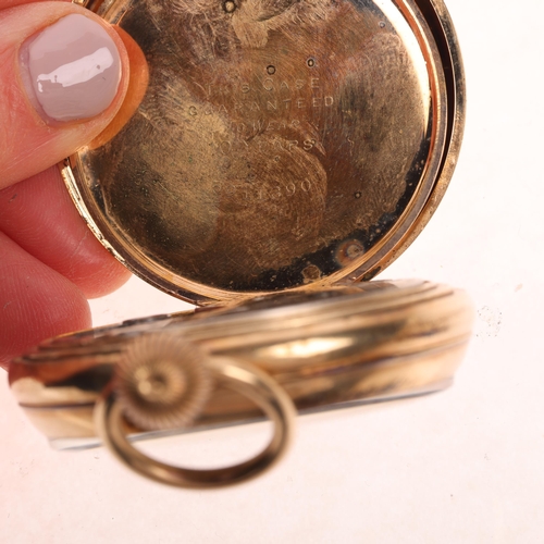 1082 - WALTHAM - a gold plated open-face keyless pocket watch, white enamel dial with Roman hour markers, b... 