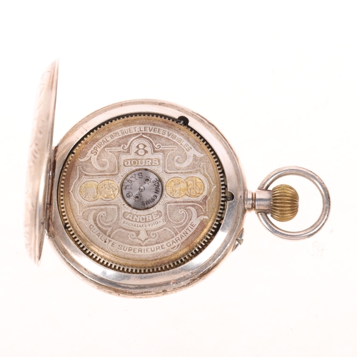 1085 - HEBDOMAS - an early 20th century silver full hunter keyless pocket watch, white enamel semi-skeleton... 