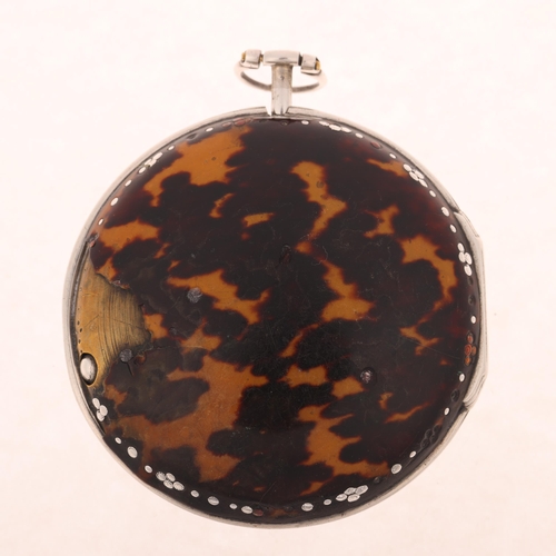 1087 - An early 19th century silver double pair-case tortoiseshell open-face key-wind verge pocket watch, b... 