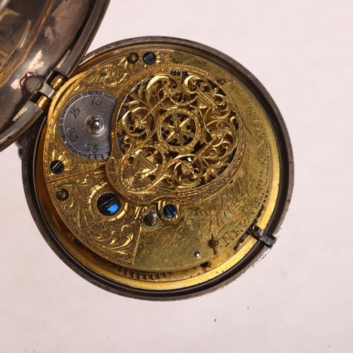 1093 - A late 18th century silver pair-cased open-face key-wind  verge pocket watch, by Charles Hall of New... 