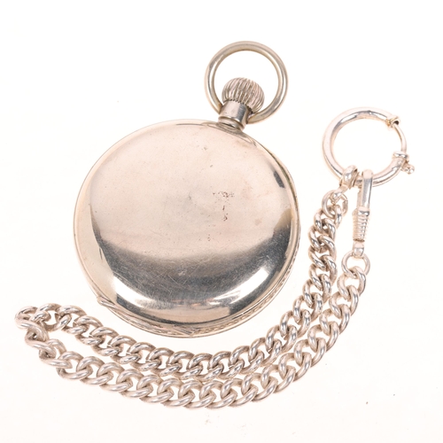 1097 - An Antique nickel open-face keyless pocket watch, white enamel dial with Roman numeral hour markers,... 