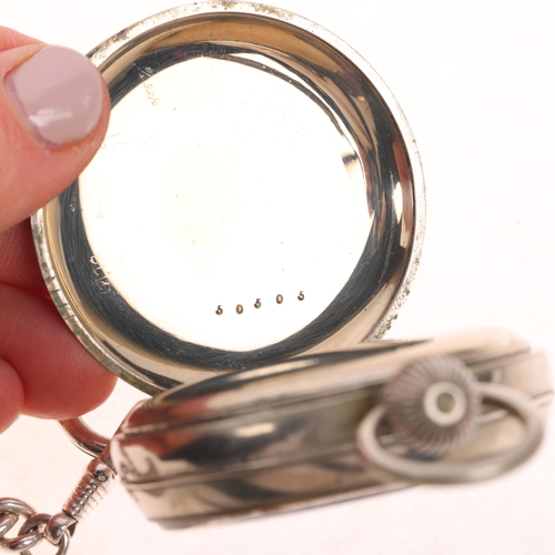 1097 - An Antique nickel open-face keyless pocket watch, white enamel dial with Roman numeral hour markers,... 