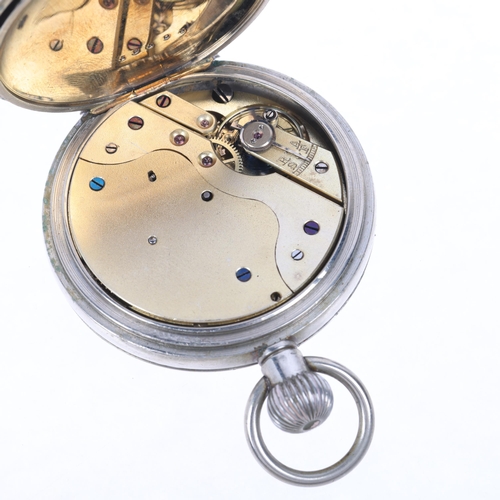 1097 - An Antique nickel open-face keyless pocket watch, white enamel dial with Roman numeral hour markers,... 