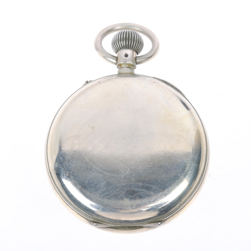 1106 - An Antique nickel open-face keyless Goliath pocket watch, white enamel dial with Roman numeral hour ... 