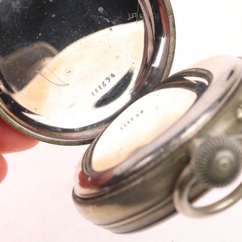 1106 - An Antique nickel open-face keyless Goliath pocket watch, white enamel dial with Roman numeral hour ... 