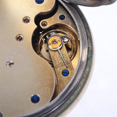 1106 - An Antique nickel open-face keyless Goliath pocket watch, white enamel dial with Roman numeral hour ... 