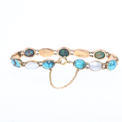 1151 - An Antique Edwardian 9ct gold turquoise and blister pearl line bracelet, with closed and open-back s... 