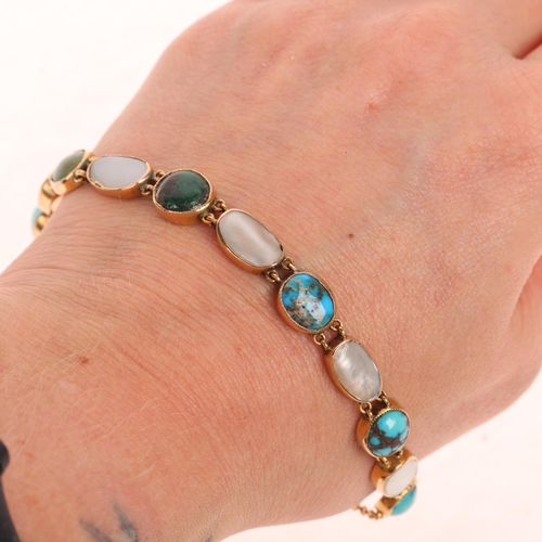 1151 - An Antique Edwardian 9ct gold turquoise and blister pearl line bracelet, with closed and open-back s... 