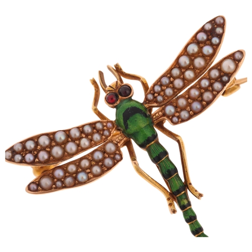 1152 - An Antique 14ct gold pearl garnet and enamel dragonfly brooch, circa 1910, realistically modelled wi... 