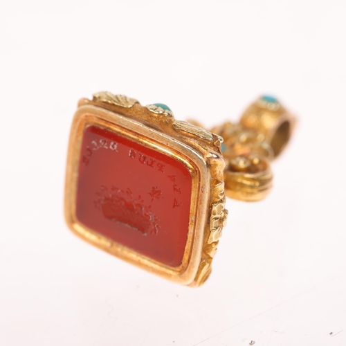 1158 - An Antique Georgian Regency hardstone seal fob, circa 1820, set with intaglio carved carnelian, bear... 