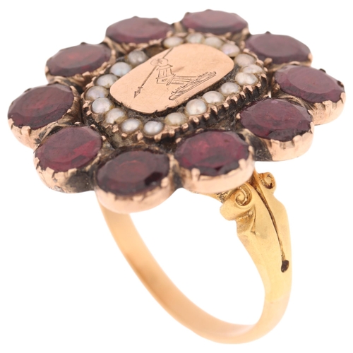 1163 - An Antique Georgian flat-top garnet split pearl mourning cluster ring, circa 1820, the central panel... 