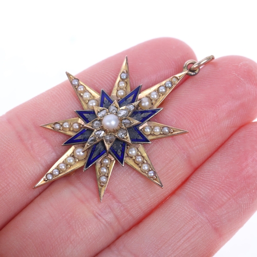 1164 - An Antique Victorian 9ct rose gold split pearl diamond and blue enamel 8-ray starburst pendant, circ... 