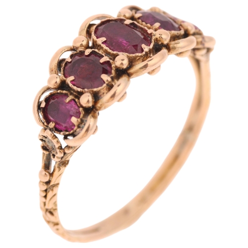 1166 - An Antique Georgian five stone ruby half hoop ring, circa 1820, set with 5 graduated oval mixed-cut ... 