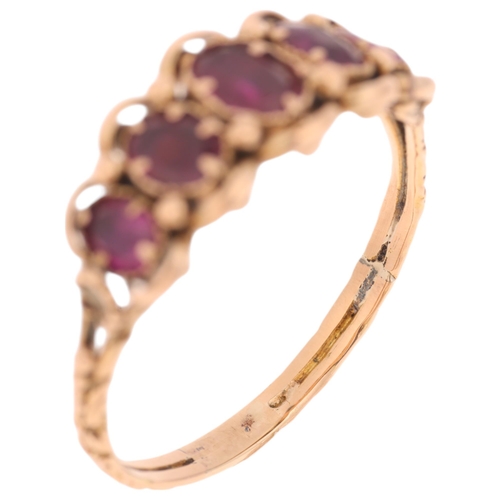 1166 - An Antique Georgian five stone ruby half hoop ring, circa 1820, set with 5 graduated oval mixed-cut ... 