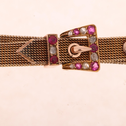 1167 - An Antique Victorian 9ct gold ruby and diamond belt buckle bracelet, maker GV & Co, circa 1880, set ... 