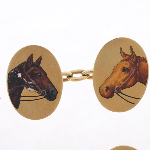 1168 - CROPP & FARR - A pair of Art Deco 18ct gold novelty horse racing cufflinks, maker C&F, London 1931, ... 