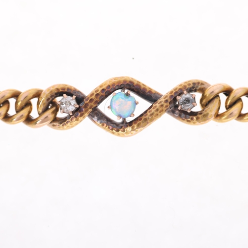 1170 - An Antique Edwardian 15ct gold opal and diamond curb link bracelet, maker SB&S Ltd, the central plan... 