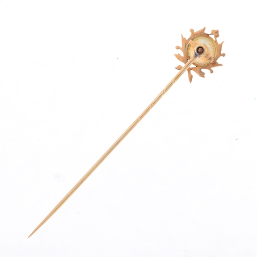 1171 - An Antique 14ct gold opal 'Wreath' stickpin, set with round cabochon opal, unmarked mount tests as 1... 